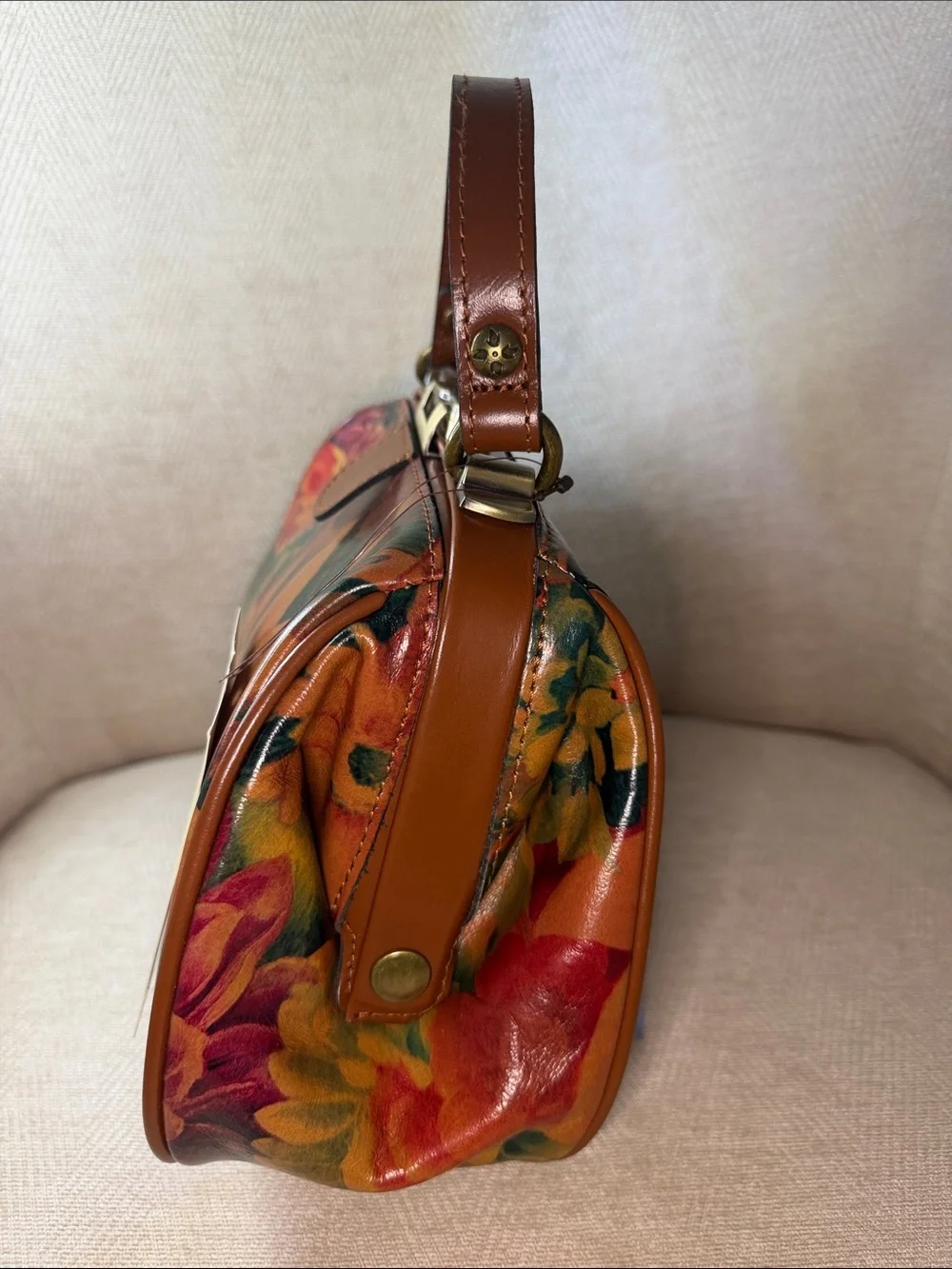 Patricia Nash Floral Printed Leather Satchel in Brown and Green